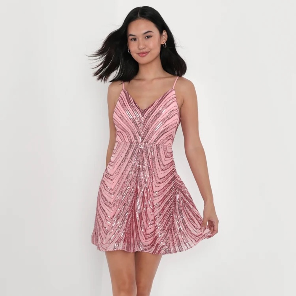 Simply Shining Light Pink Sequin Sleeveless Skater Mini Dress